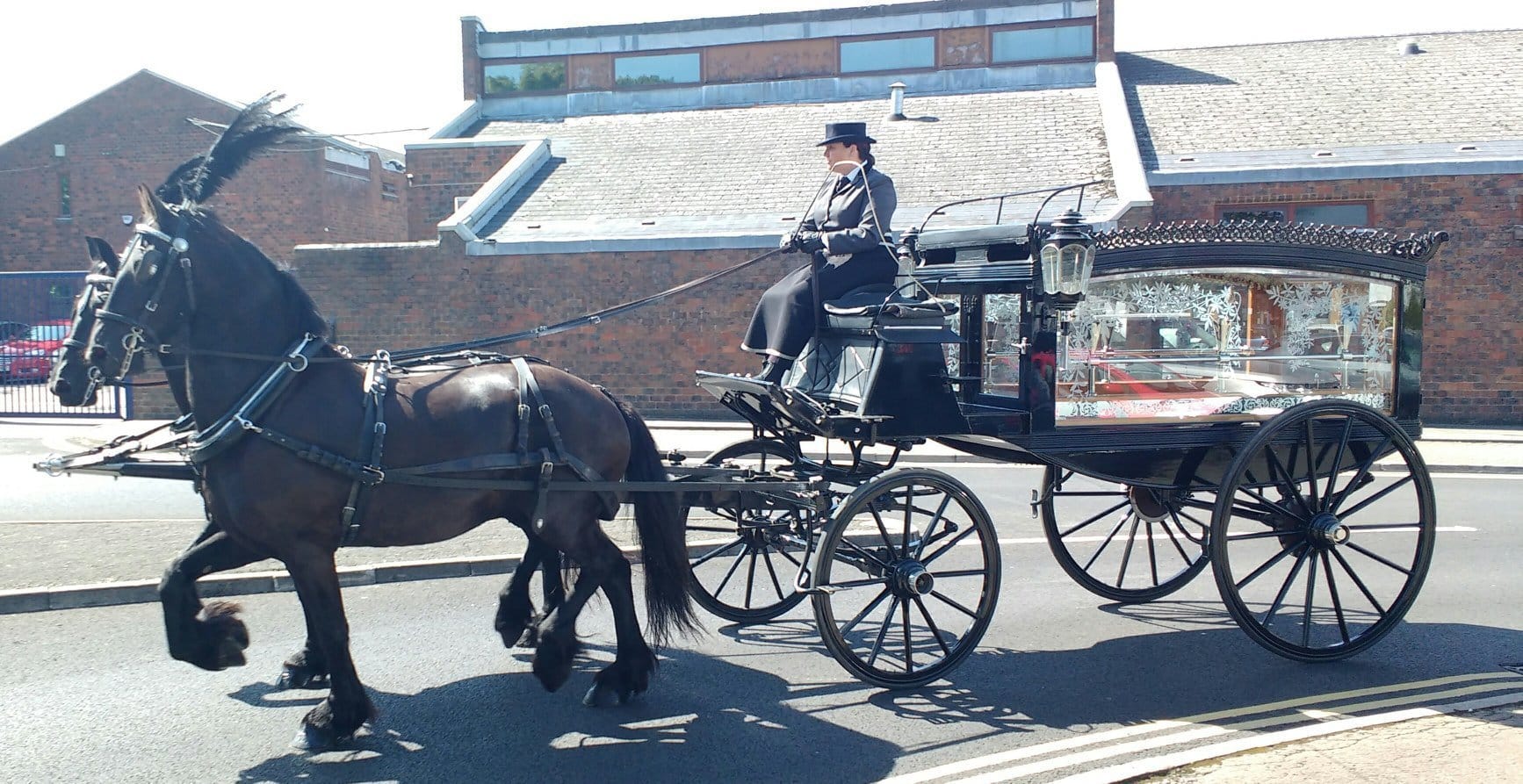 A black horse drawn hearse on a street