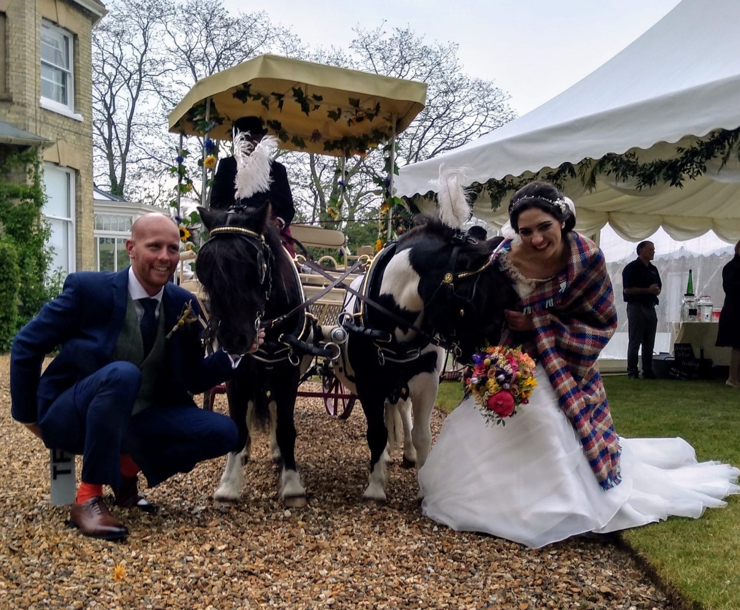A bride kneeling beside a piebald horse by a marquee